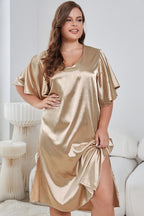 Plus Size Flutter Sleeve V-Neck Side Slit Night Gown - Sleepwear by Trendsi | Available at Handbags Specialist Headquarter