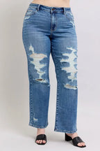 Judy Blue Full Size High Waist Heavy Destroy Straight Jeans Plus Size - Women / Jeans & Denim by Trendsi | Available at Handbags Specialist Headquarter