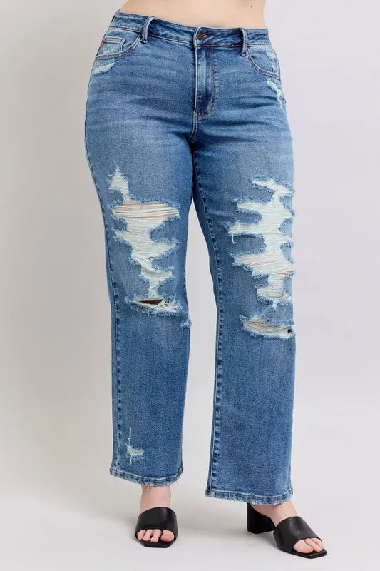 Judy Blue Full Size High Waist Heavy Destroy Straight Jeans Plus Size - Women / Jeans & Denim by Trendsi | Available at Handbags Specialist Headquarter