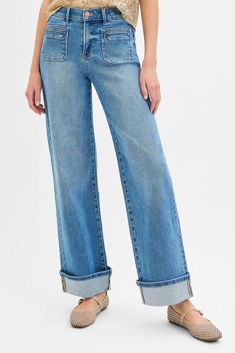 RISEN Full Size Elastic Band Mid Rise Wide Front Patch Pocket Cuff Jeans Plus Size - Women / Jeans & Denim by Trendsi | Available at Handbags Specialist Headquarter