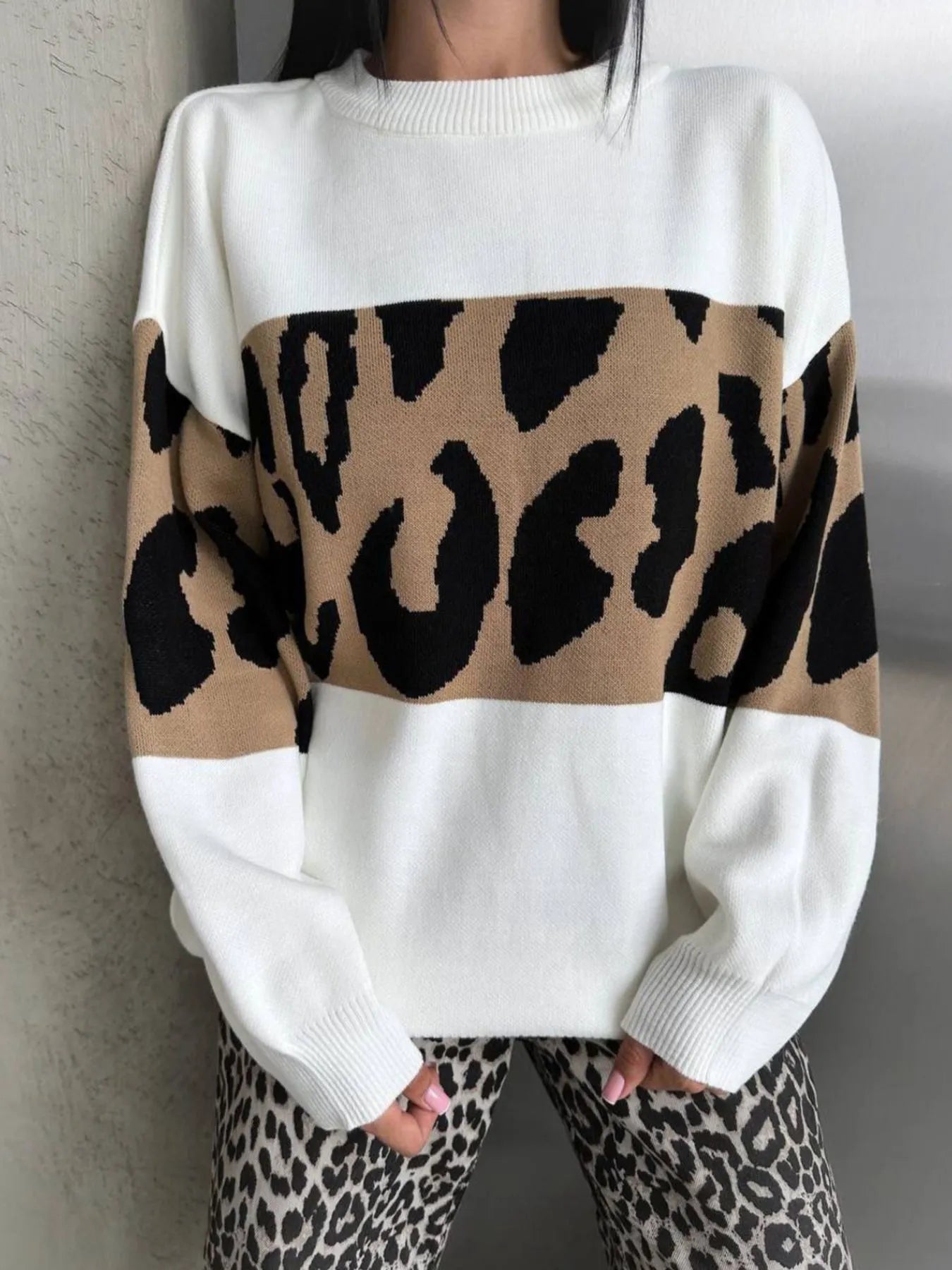 Leopard Color Block Round Neck Sweater - Tops by Trendsi | Available at Handbags Specialist Headquarter