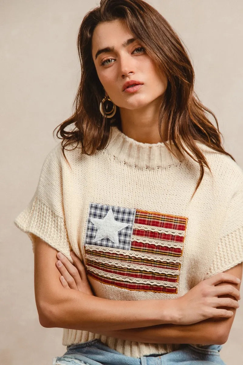 BiBi American Flag Patchwork Drop Shoulder Sweater - Tops by Trendsi | Available at Handbags Specialist Headquarter