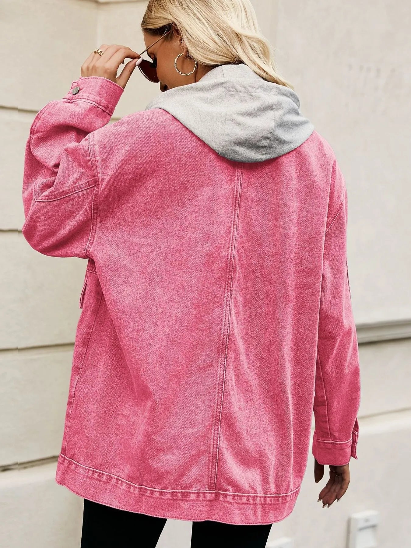 Oversized Button Up Denim Jacket with Hood - Tops by Trendsi | Available at Handbags Specialist Headquarter