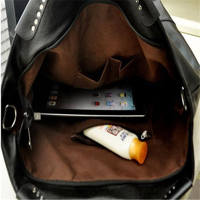 Chic Rivet Black PU Tote – Large Fashion Handbag