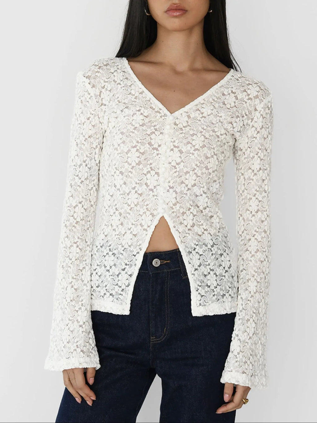 Lace V-Neck Flare Sleeve T-Shirt - Tops by Trendsi | Available at Handbags Specialist Headquarter