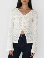 Lace V-Neck Flare Sleeve T-Shirt - Tops by Trendsi | Available at Handbags Specialist Headquarter