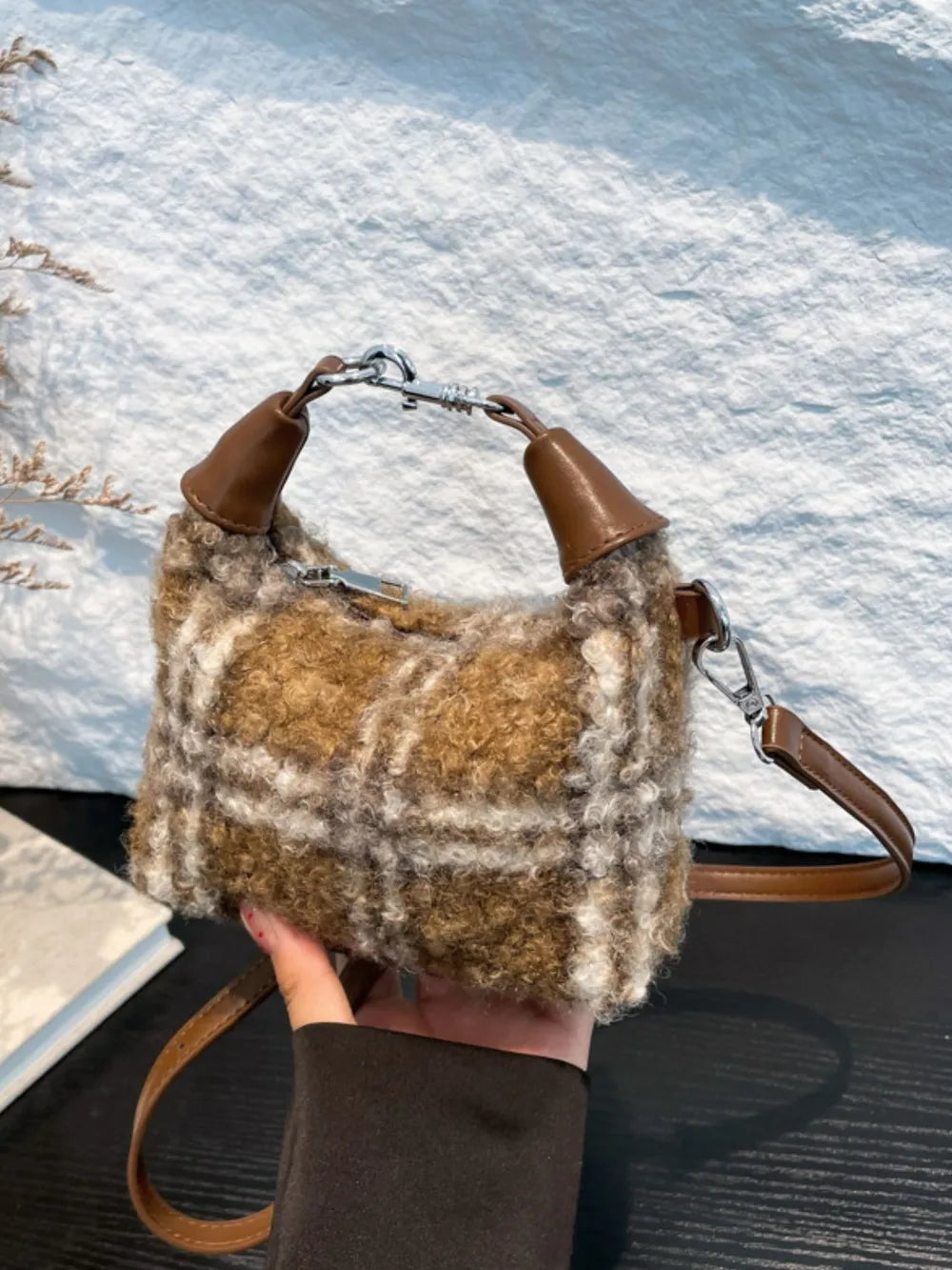 Fuzzy Polyester Mini Handbag with Zipper - Tote Bag by Trendsi | Available at Handbags Specialist Headquarter