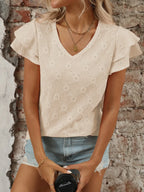 Eyelet V-Neck Ruffled Cap Sleeve Top - Tops by Trendsi | Available at Handbags Specialist Headquarter