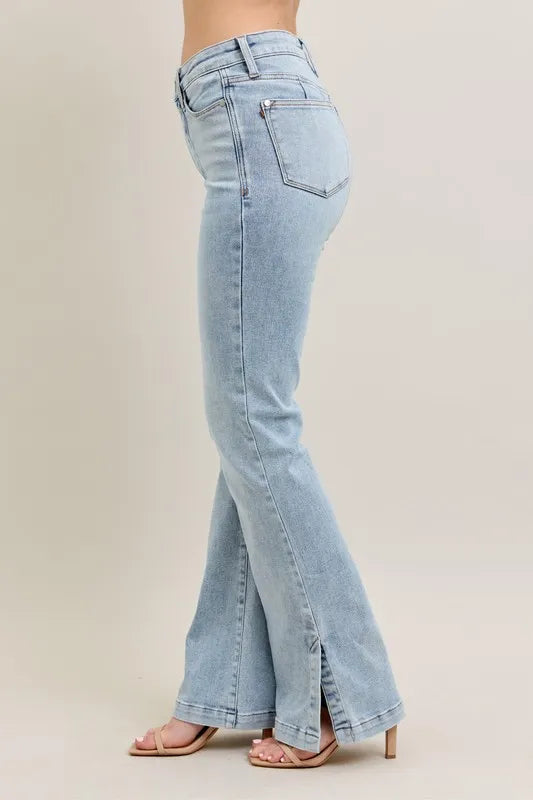 Judy Blue Full Size Tummy Control Vintage Wash Side Slit Slim Boot Jeans Plus Size - Women / Jeans & Denim by Trendsi | Available at Handbags Specialist Headquarter