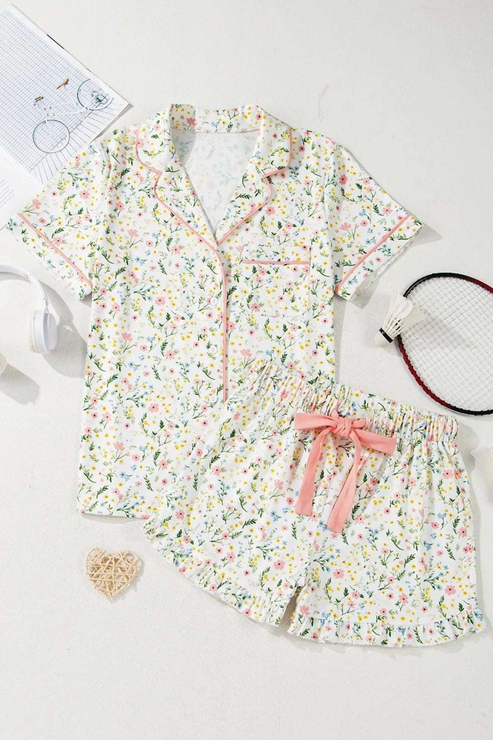Printed Button Up Short Sleeve Top and Shorts Lounge Set - Sleepwear by Trendsi | Available at Handbags Specialist Headquarter