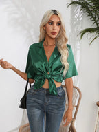 Button Down Short Sleeve Shirt - Women's Down Shirt Tops by Trendsi | Available at Handbags Specialist Headquarter