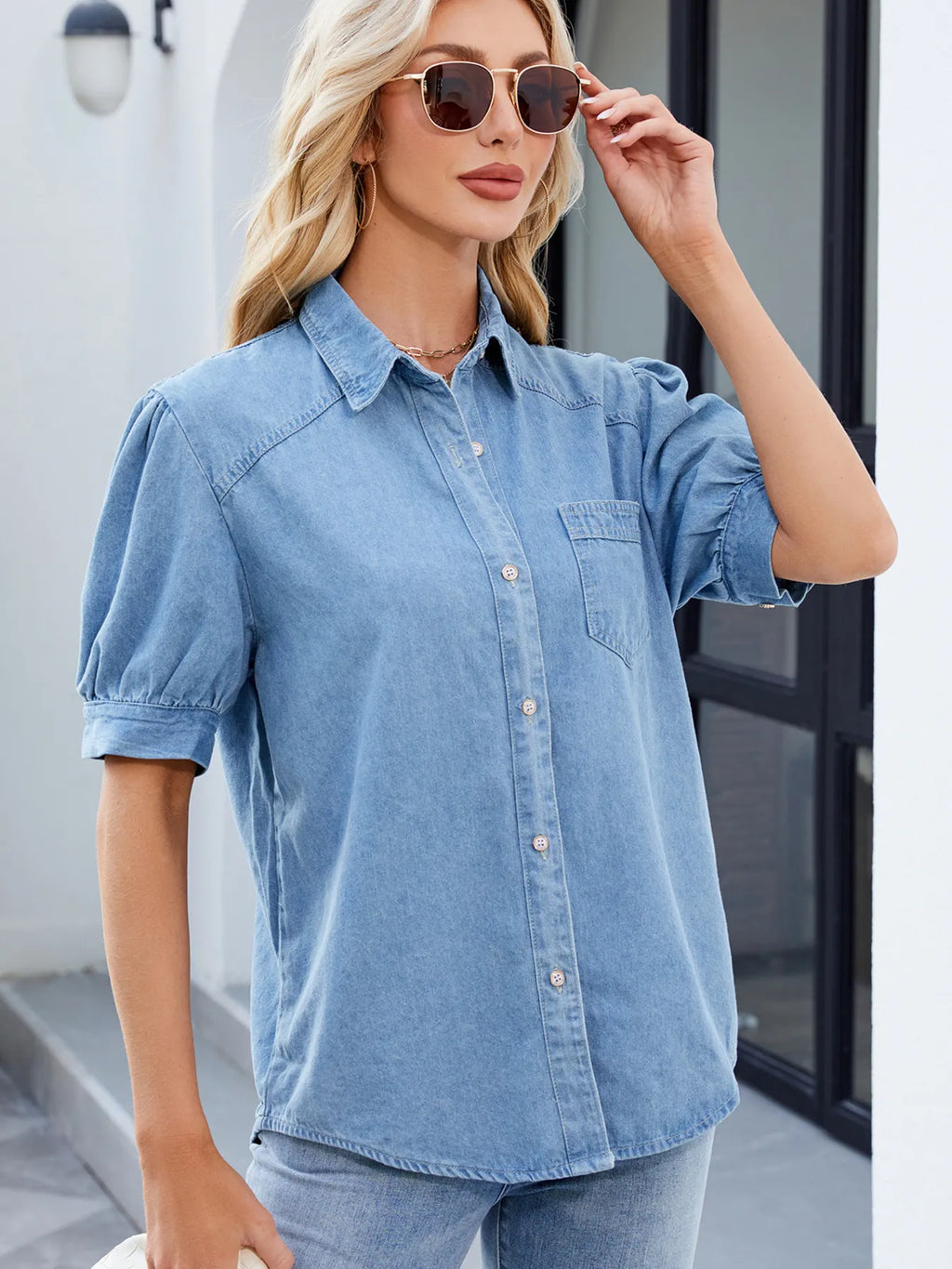 Button Up Short Sleeve Denim Shirt - Tops by Trendsi | Available at Handbags Specialist Headquarter
