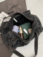 Letter Raw Edge Denim Handbag - Tote Bag by Trendsi | Available at Handbags Specialist Headquarter