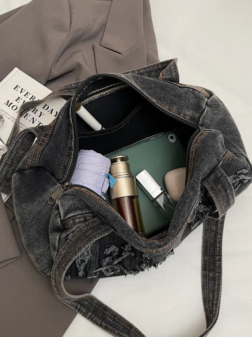 Letter Raw Edge Denim Handbag - Tote Bag by Trendsi | Available at Handbags Specialist Headquarter