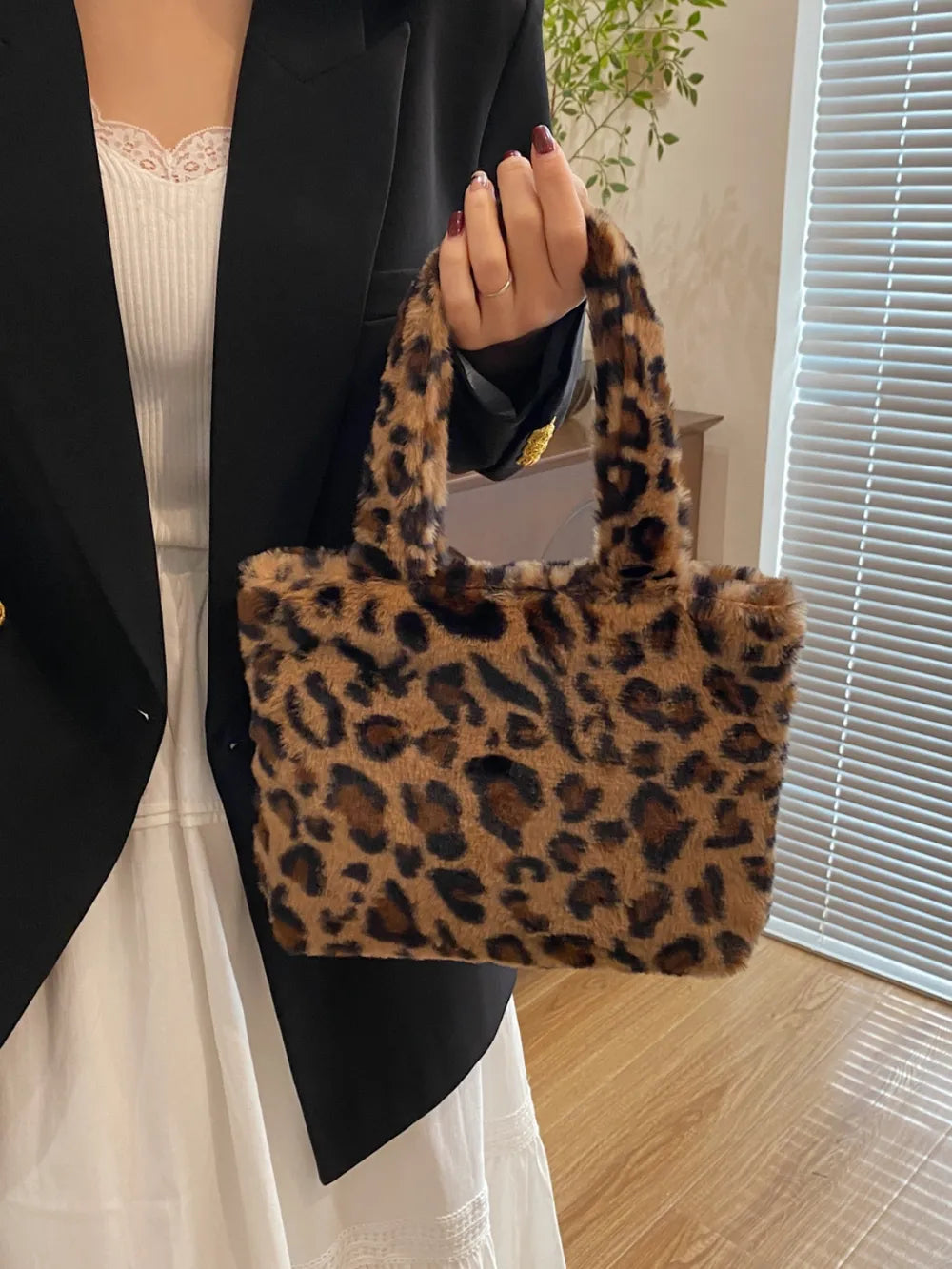 Leopard Fluff Handbag with Zip - handbags by Trendsi | Available at Handbags Specialist Headquarter