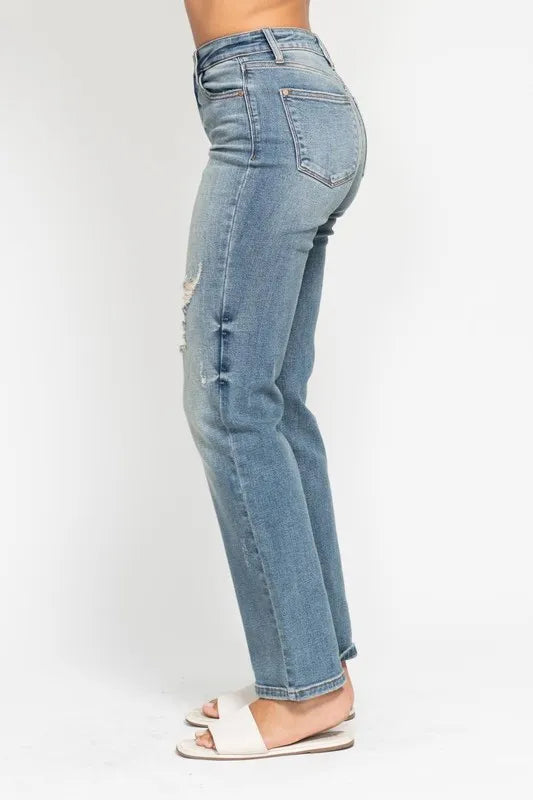Judy Blue Full Size High Waist Distressed Dad Jean Plus Size - Women / Jeans & Denim by Trendsi | Available at Handbags Specialist Headquarter