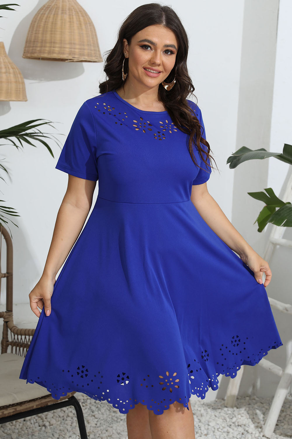 Plus Size Round Neck Openwork Dress - Dresses by Trendsi | Available at Handbags Specialist Headquarter