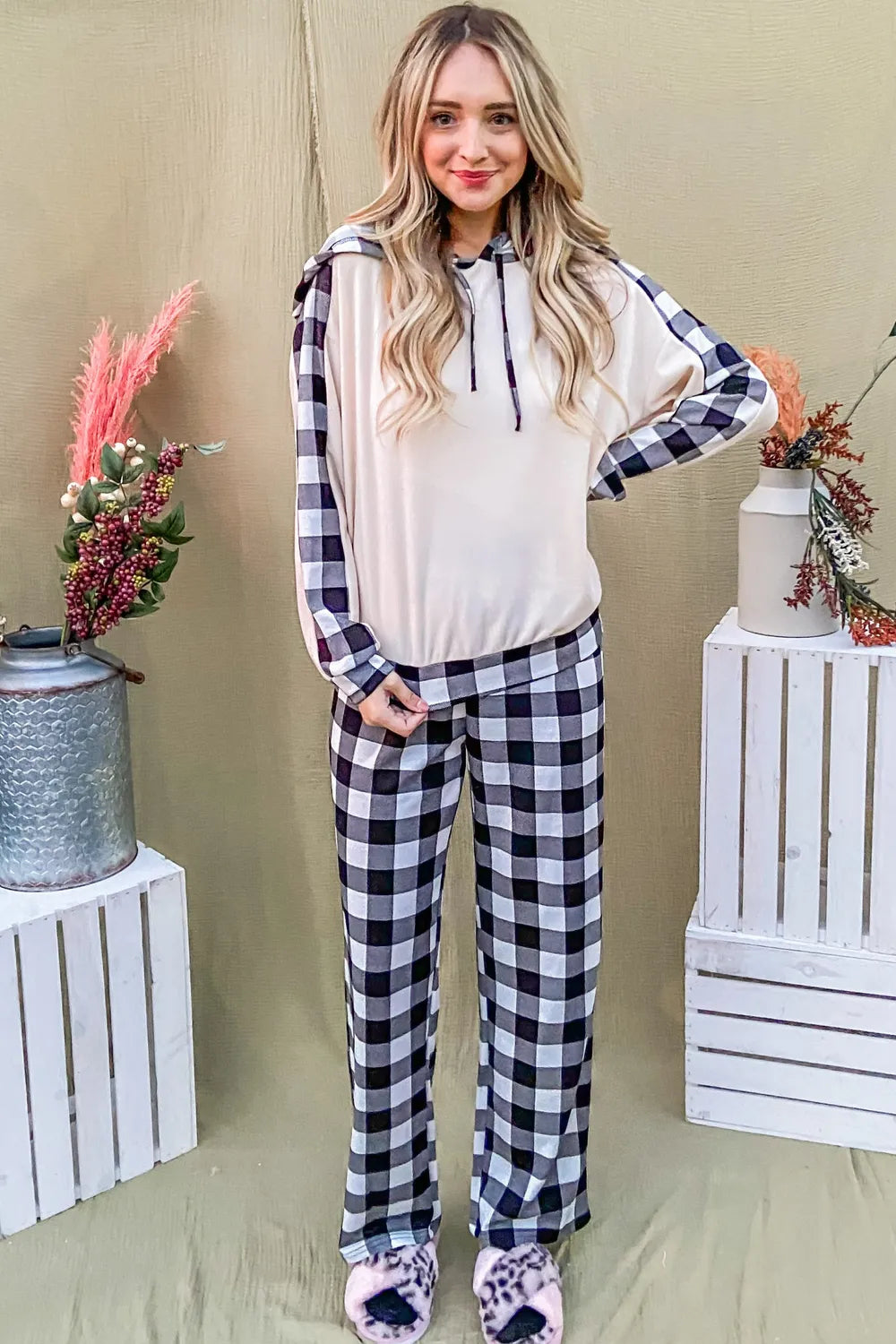 And The Why Drawstring Hooded Top and Plaid Pants Lounge Set - Sleepwear by Trendsi | Available at Handbags Specialist Headquarter