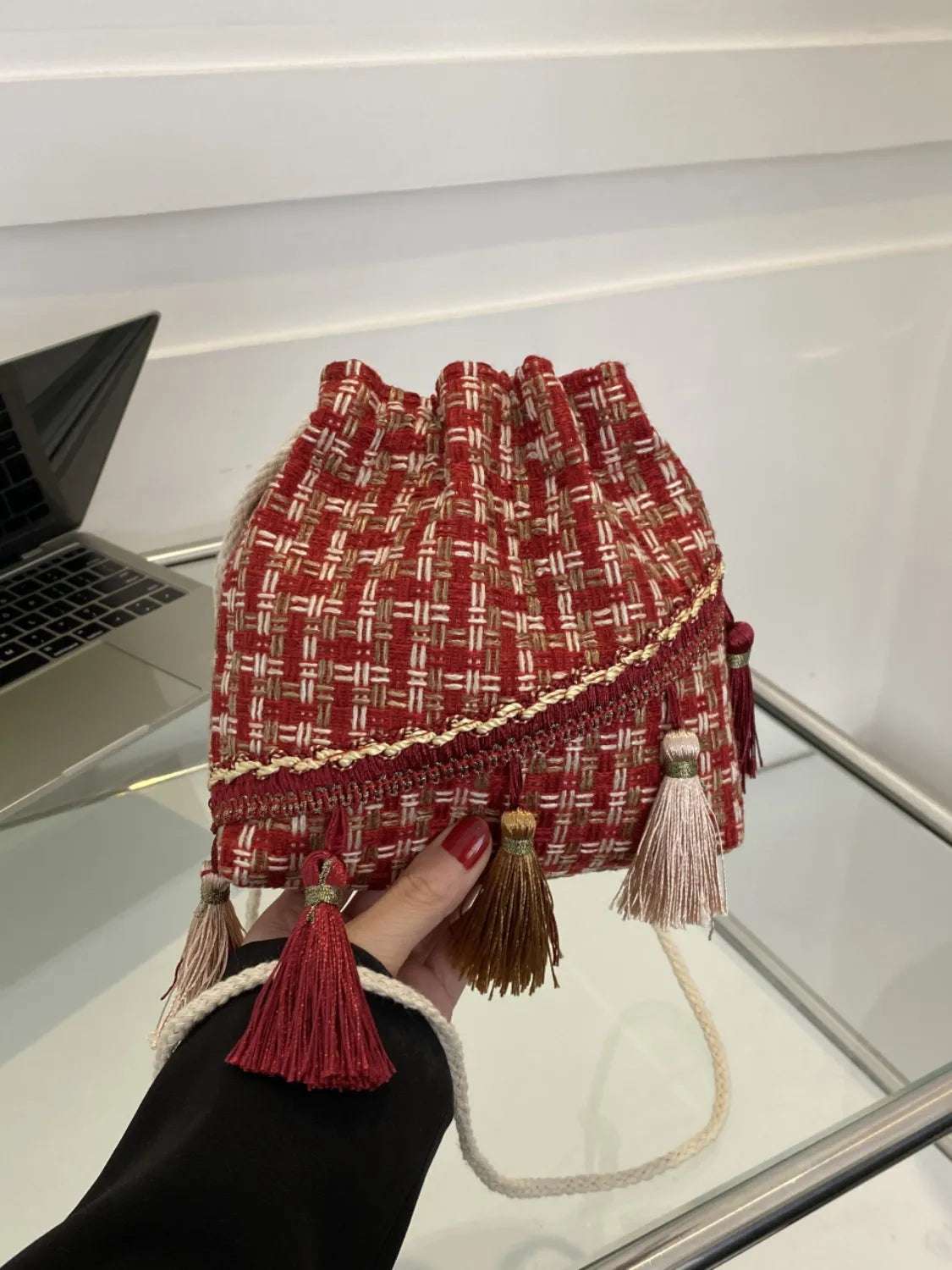 Tassel Trim Woven Bucket Crossbody Bag - Crossbody Bag by Trendsi | Available at Handbags Specialist Headquarter