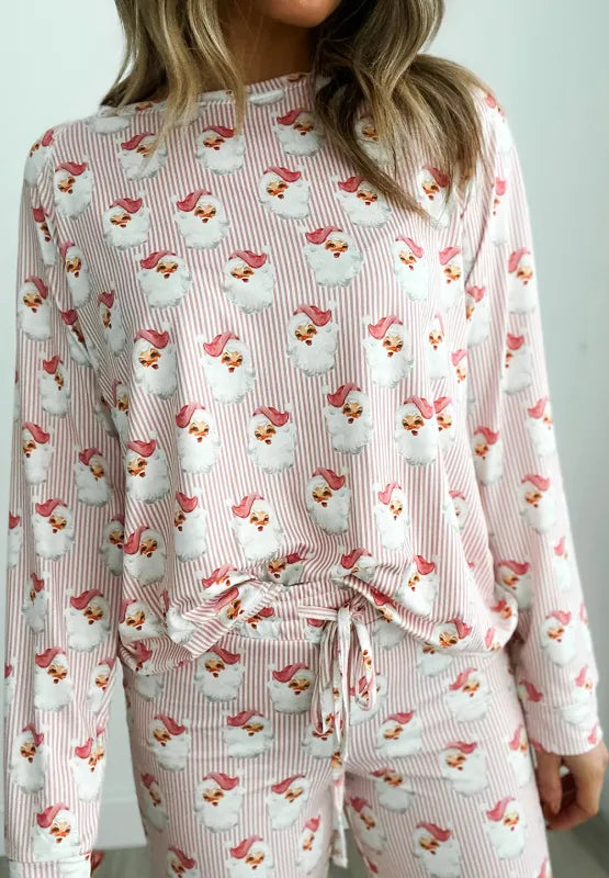 Santa Print Long Sleeve Top and Pants Lounge Set - Sleepwear by Trendsi | Available at Handbags Specialist Headquarter
