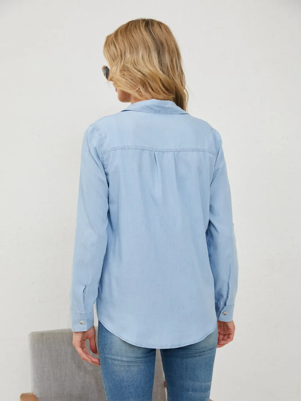 Pocketed Button Up Long Sleeve Denim Shirt - Women / Jeans & Denim by Trendsi | Available at Handbags Specialist Headquarter