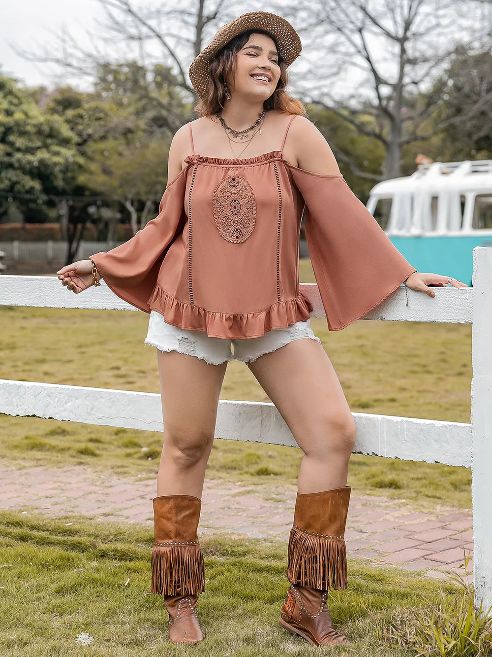 Plus Size Frill Square Neck Long Sleeve Blouse - Plus Size Shirts by Trendsi | Available at Handbags Specialist Headquarter