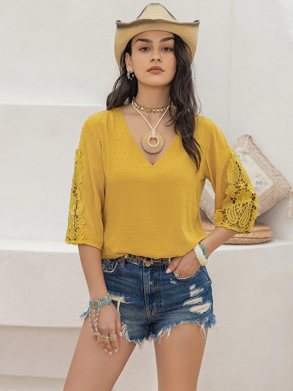 V-Neck Lace Three-Quarter Sleeve Top - Tops by Trendsi | Available at Handbags Specialist Headquarter