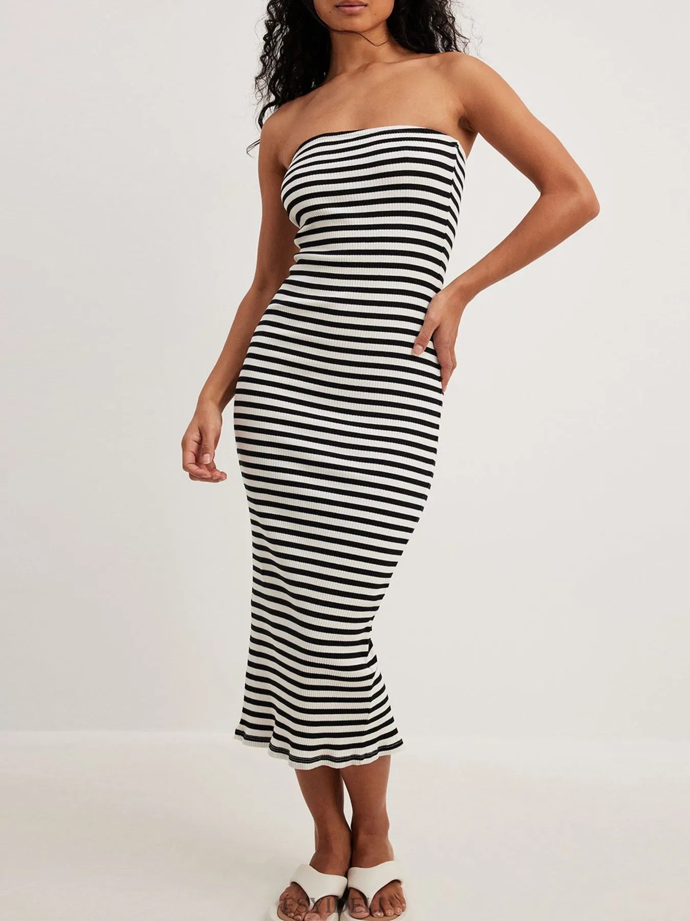 Slit Back Striped Strapless Bodycon Midi Dress - Maxi Dress by Trendsi | Available at Handbags Specialist Headquarter