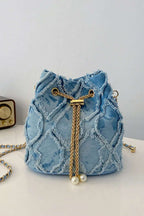 Chain Drawstring Raw Edge Denim Bucket Bag - Crossbody Bag by Trendsi | Available at Handbags Specialist Headquarter