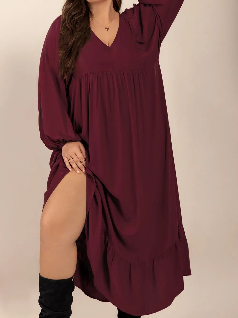 Plus Size Ruffled Hem V-Neck Balloon Sleeve Dress - Dresses by Trendsi | Available at Handbags Specialist Headquarter
