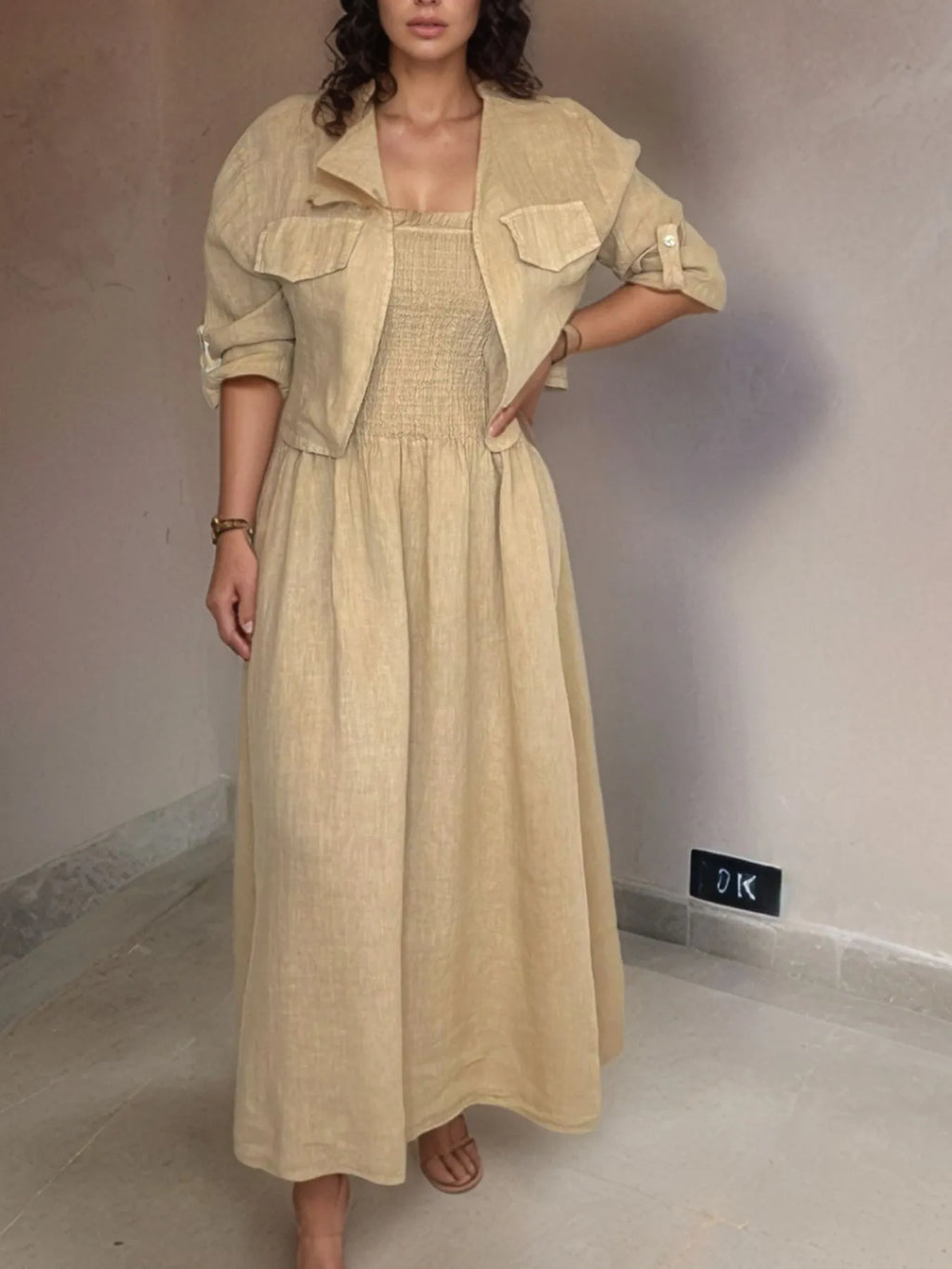 Full Size Smocked Cami Dress and Jacket Set Plus Size - Dresses by Trendsi | Available at Handbags Specialist Headquarter