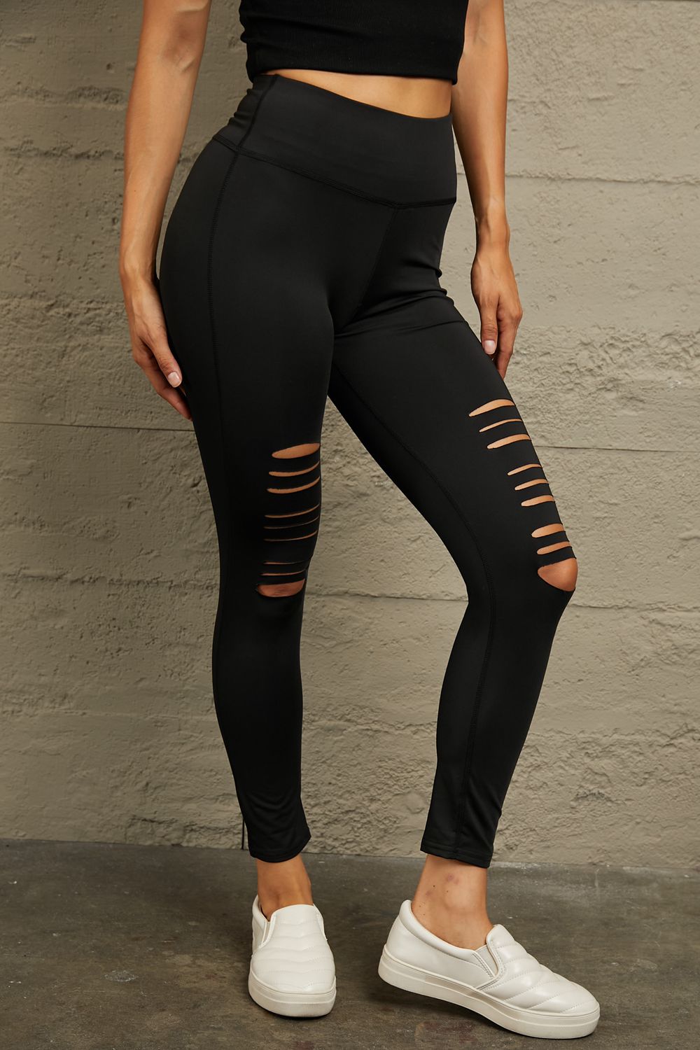 Wide Waistband Distressed Slim Fit Leggings - Leggings by Trendsi | Available at Handbags Specialist Headquarter