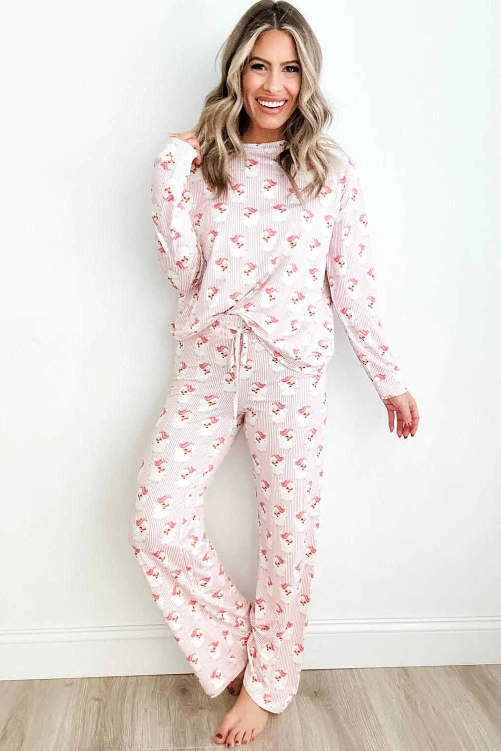 Santa Print Long Sleeve Top and Pants Lounge Set - Sleepwear by Trendsi | Available at Handbags Specialist Headquarter