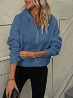 Half-Zip Hoodie with Kangaroo Pocket - Tops by Trendsi | Available at Handbags Specialist Headquarter