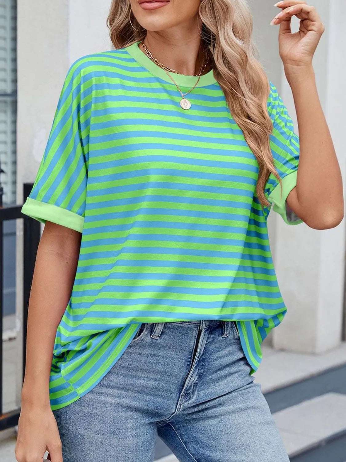 Striped Round Neck Half Sleeve T-Shirt - Women / Tops by Trendsi | Available at Handbags Specialist Headquarter