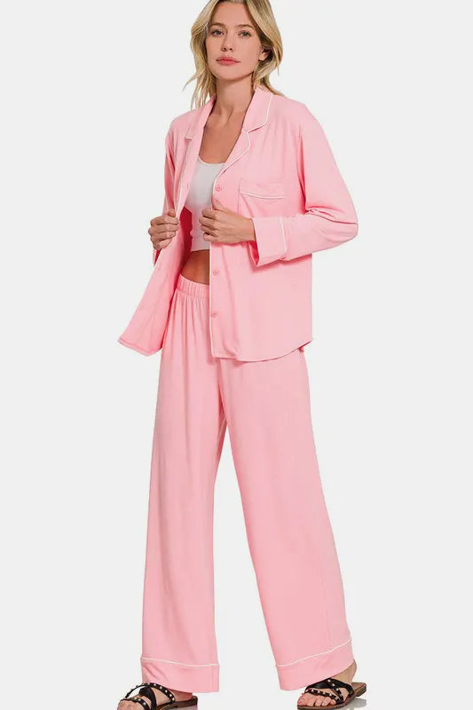 Zenana Button Down Long Sleeve Top and Pants Lounge Set - Sleepwear by Trendsi | Available at Handbags Specialist Headquarter