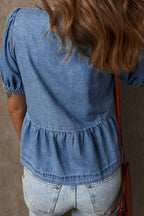 Tied Front Puff Sleeve Peplum Denim Shirt - Women / Jeans & Denim by Trendsi | Available at Handbags Specialist Headquarter