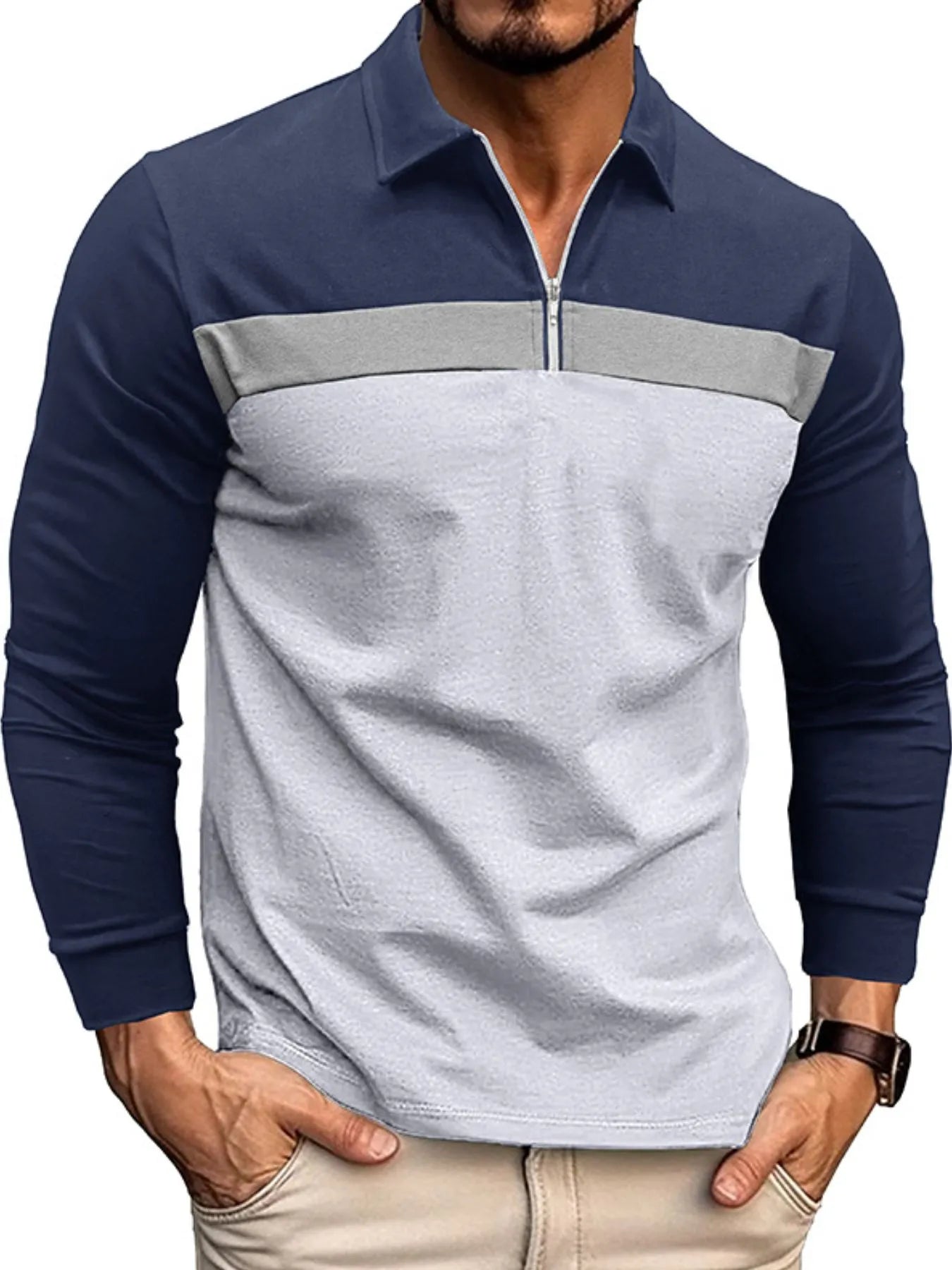 Men's Color Block Long Sleeve Polo Shirt - Men's Polo shirt by Trendsi | Available at Handbags Specialist Headquarter
