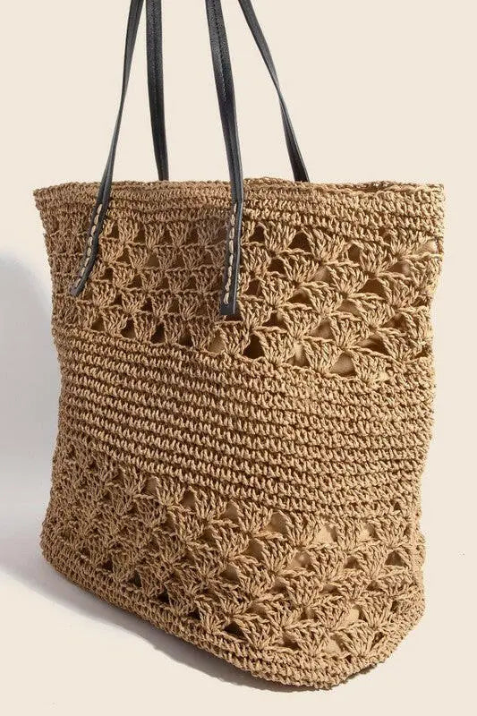 Fame Faux Leather Handle Knitted Tote Bag - Tote Bag by Trendsi | Available at Handbags Specialist Headquarter