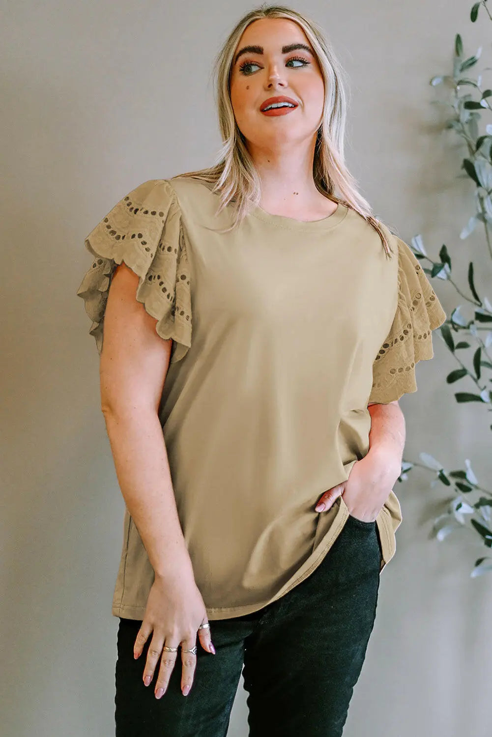 Plus Size Eyelet Round Neck Short Sleeve Blouse - Women Plus Size by Trendsi | Available at Handbags Specialist Headquarter