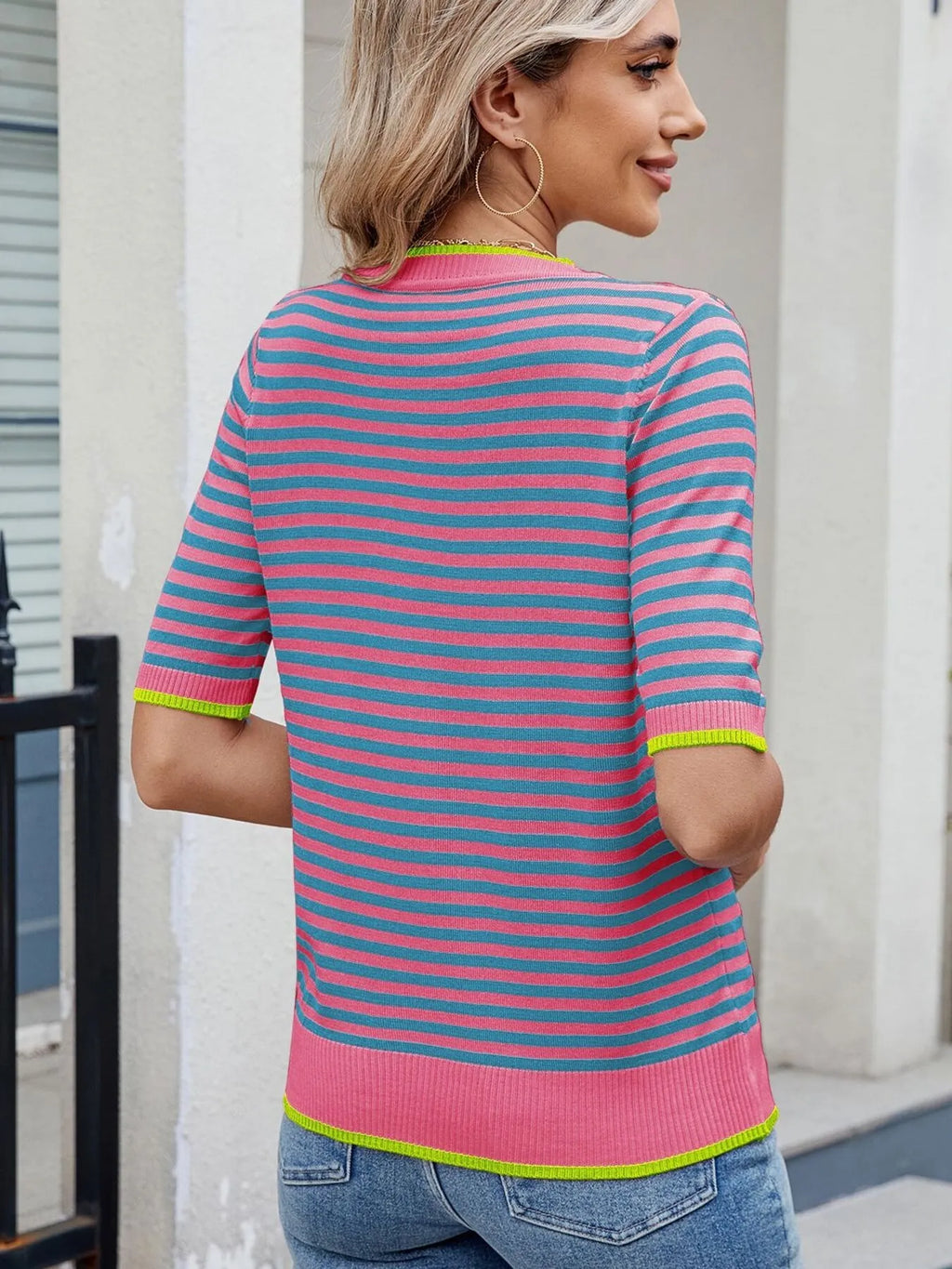 Striped Casual T-Shirt with Contrast Trim - Tops by Trendsi | Available at Handbags Specialist Headquarter