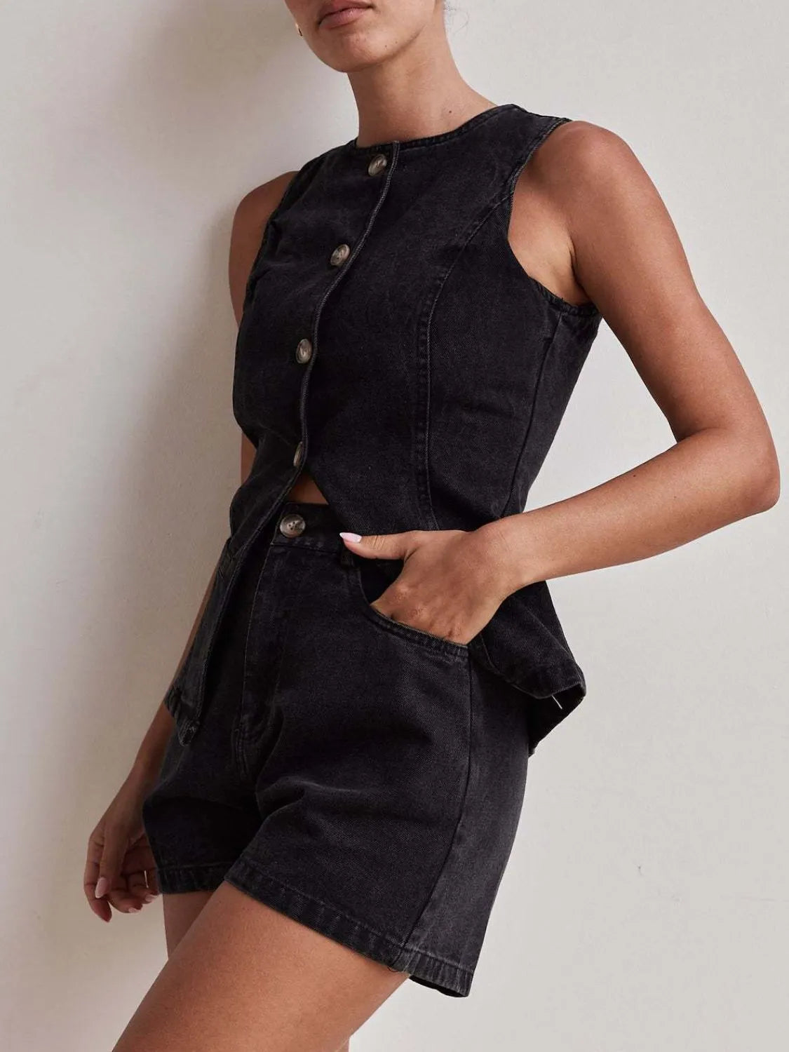 Button Down Vest and Shorts Denim Set - Women / Jeans & Denim by Trendsi | Available at Handbags Specialist Headquarter