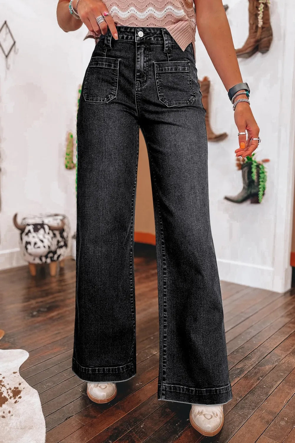 Wide Leg Pocketed High Waist Jeans - Women / Jeans & Denim by Trendsi | Available at Handbags Specialist Headquarter