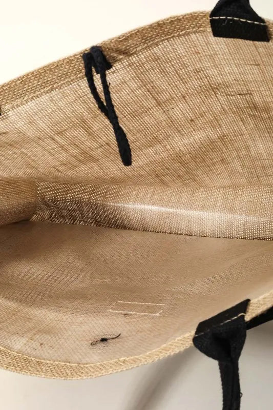 Fame Hello Weekend Burlap Tote Bag - Tote Bag by Trendsi | Available at Handbags Specialist Headquarter