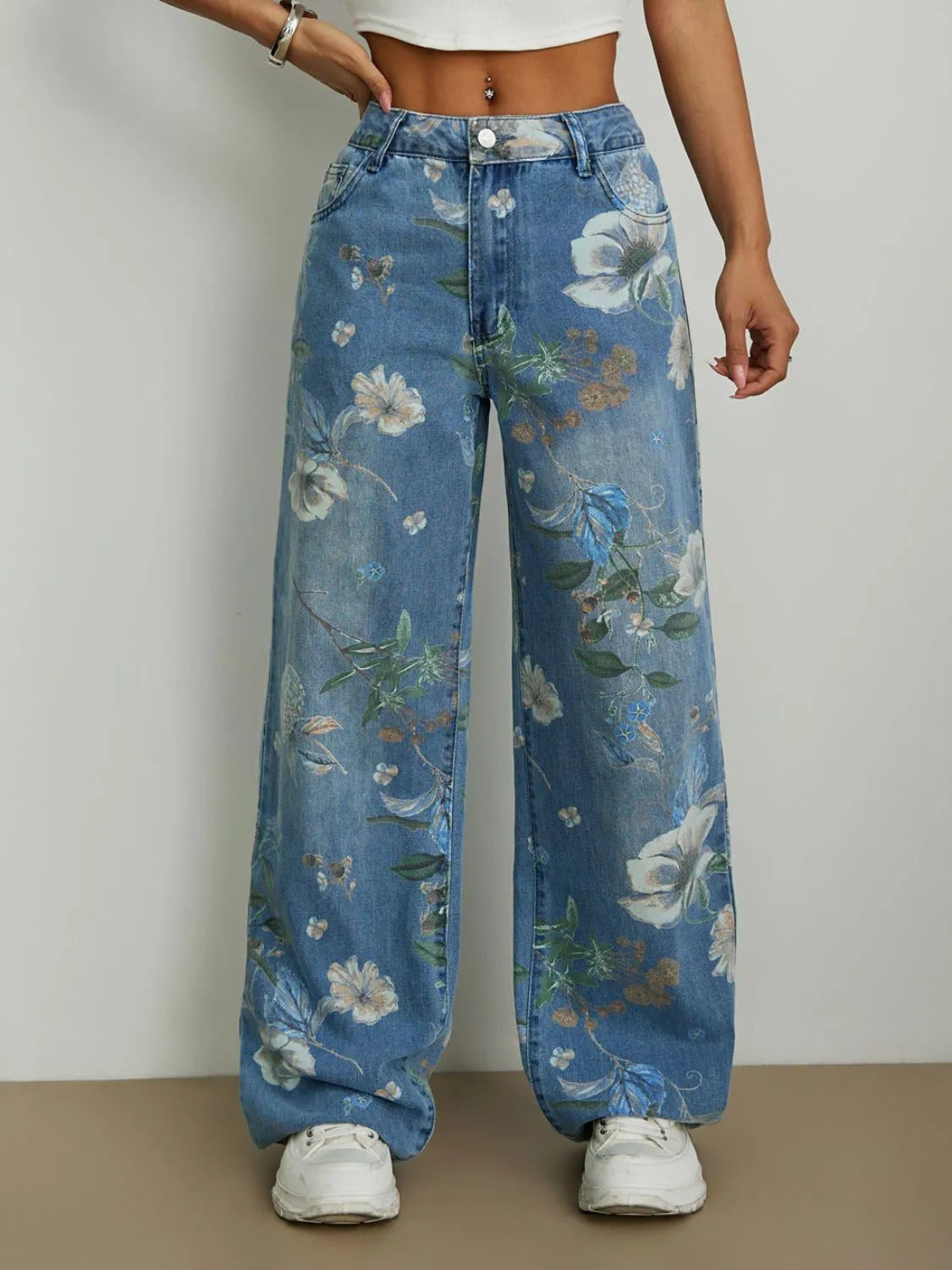 Printed Wide Leg Jeans - Women / Jeans & Denim by Trendsi | Available at Handbags Specialist Headquarter
