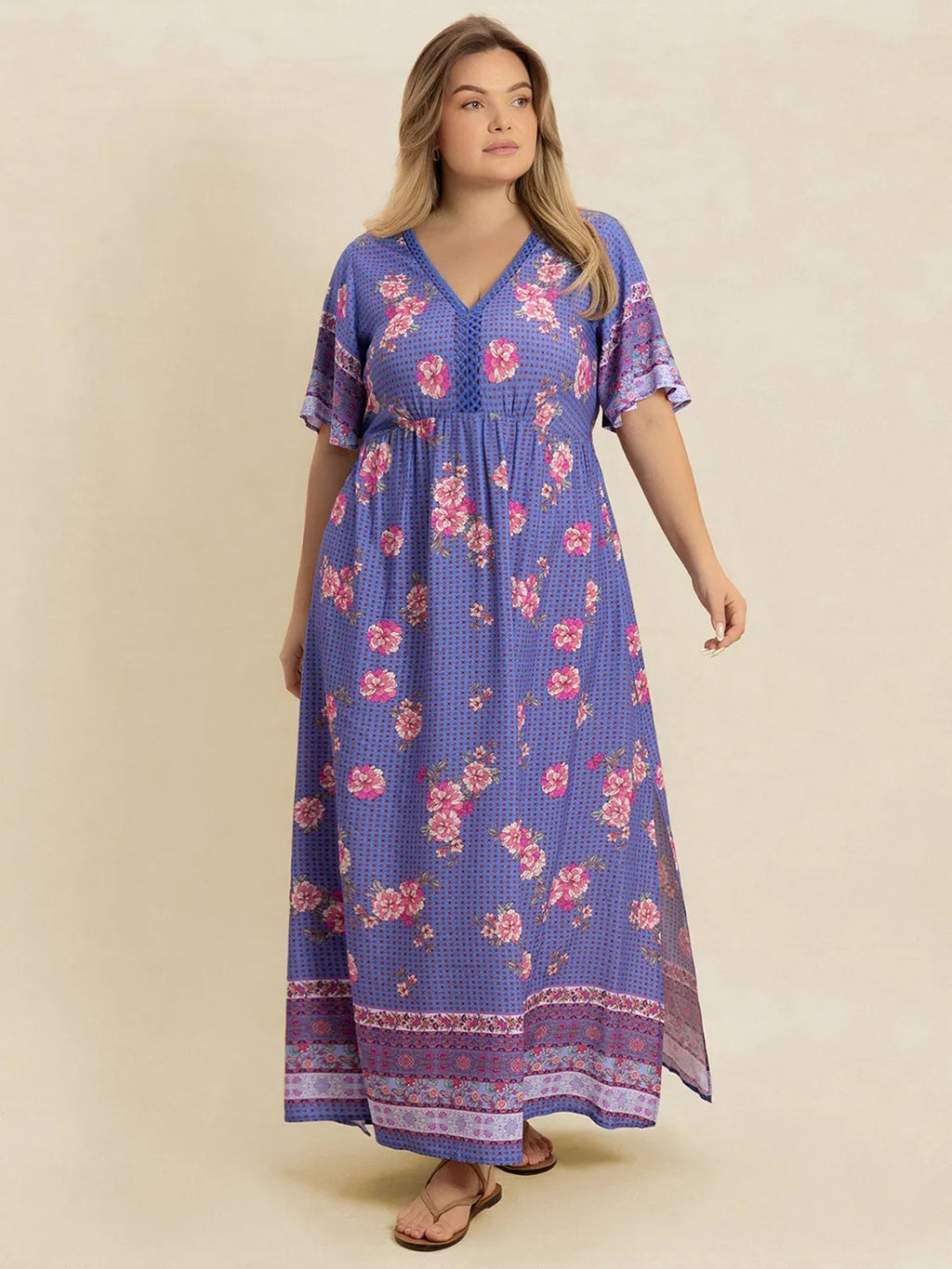 Plus Size Printed V-Neck Flutter Sleeve Dress - Dresses by Trendsi | Available at Handbags Specialist Headquarter