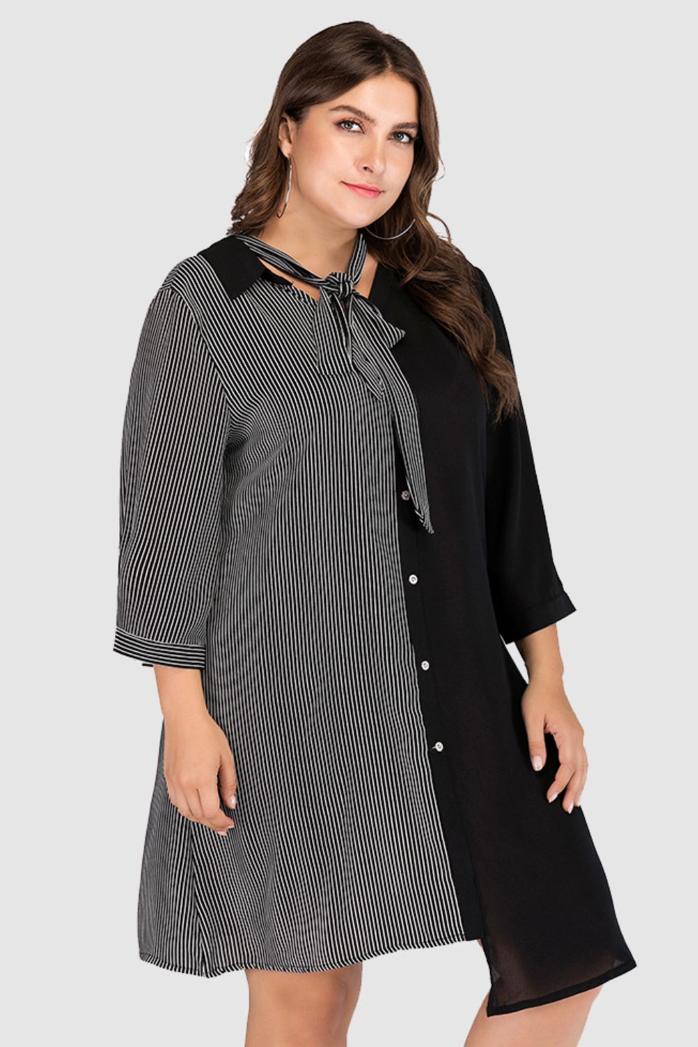 Plus Size Striped Color Block Tie-Neck Dress - Dresses by Trendsi | Available at Handbags Specialist Headquarter