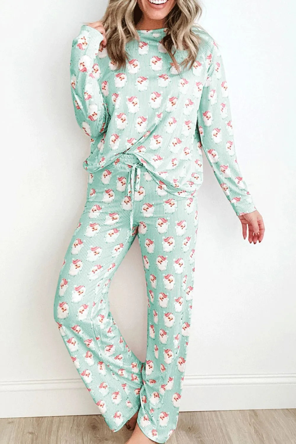 Santa Print Long Sleeve Top and Pants Lounge Set - Sleepwear by Trendsi | Available at Handbags Specialist Headquarter