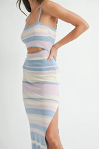MABLE Multi Color Striped Front Cutout Knit Midi Dress - Maxi Dress by Trendsi | Available at Handbags Specialist Headquarter