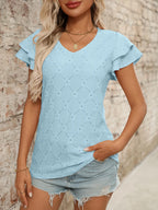 Eyelet V-Neck Ruffled Cap Sleeve Top - Tops by Trendsi | Available at Handbags Specialist Headquarter